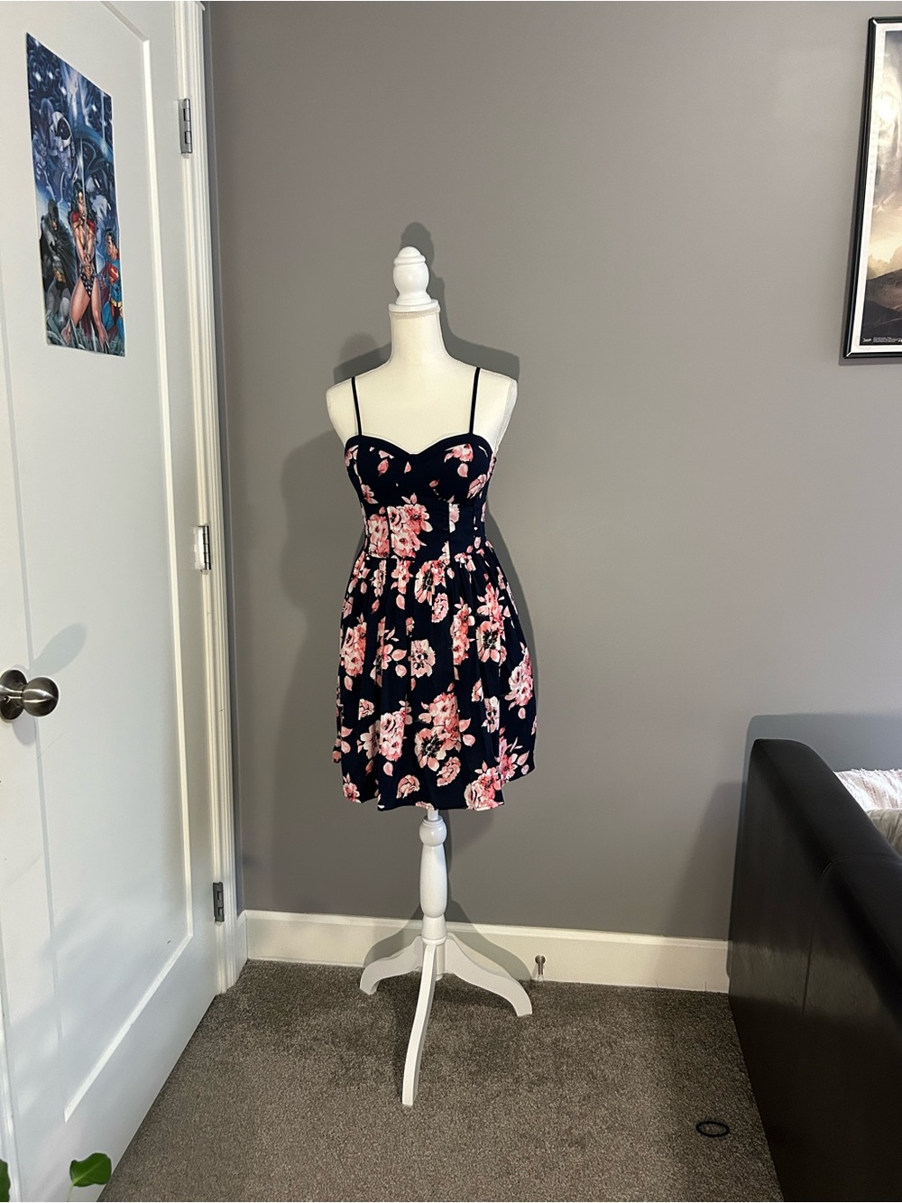 Navy Floral Spaghetti Strap Sundress with Pink Blossoms